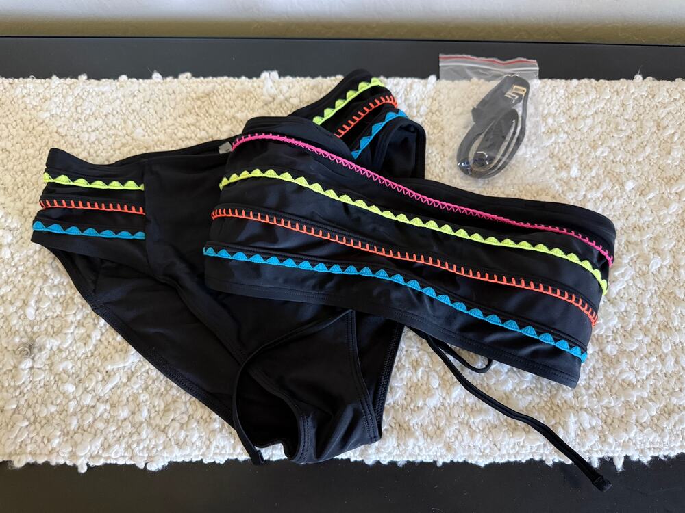 NWOT Popvil Two Piece Swim Black/Neon Embroidered Trim Convertible Straps M/L